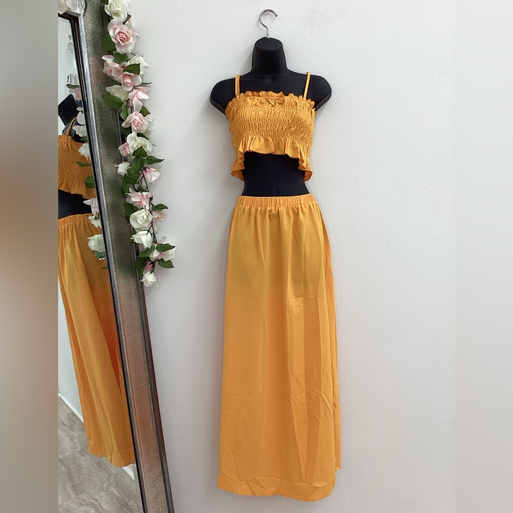 Denley yellow smocked tube tank top & midi skirt set